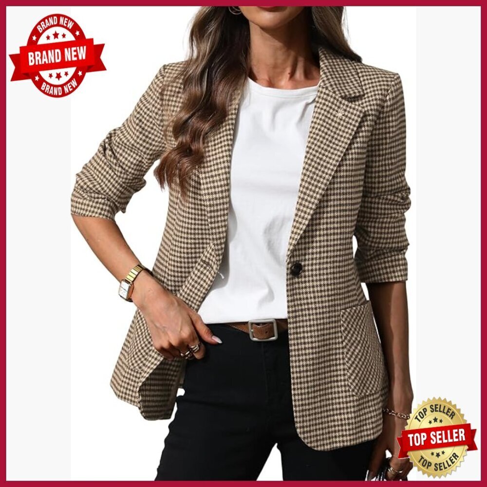 Women's Plaid Blazer with Embroidered Collar, Houndstooth Office Jacket